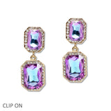109614, RECTANGULAR RHINESTONE CLIP ON DANGLE EARRING