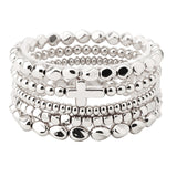 109627, SIDE CROSS ACCENT MULTI LAYERED NUGGET BEADED STRETCH BRACELET