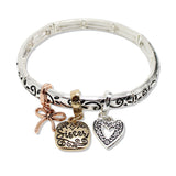 109696, SISTER FILIGREE HEART BOW CHARMS STRETCH BRACELET