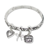 109696, SISTER FILIGREE HEART BOW CHARMS STRETCH BRACELET