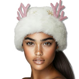 109704, WHITE FAUX FUR CHRISTMAS HAT WITH PINK GLITTER ANTLERS