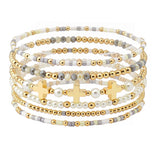 109727, CROSS ACCENT MULTI LAYERED PEARL BEADED STRETCH BRACELET