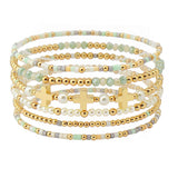 109727, CROSS ACCENT MULTI LAYERED PEARL BEADED STRETCH BRACELET