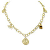 109743, ENGRAVED COIN PAW LEOPARD CHARMS NECKLACE