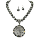 109749, WESTERN BOLD COIN ENGRAVED BEADED PENDANT NECKLACE