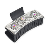 109753, WESTERN THEMED FLOWER VINE ENGRAVED RECTANGULAR GRANDER HAIR CLAW