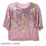 109773, CHRISTMAS GINGERBREAD MAN SPARKLE SEQUIN CROPPED T-SHIRT