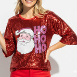 109775, RED CHRISTMAS HO HO HO SANTA SPARKLE SEQUIN T-SHIRT
