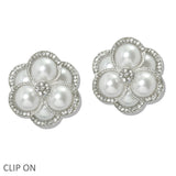 109840, PEARL PAVE RHINESTONE FLOWER CLIP ON EARRING