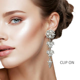 109843, PEARL RHINESTONE FLORAL DROP DANGLE CLIP ON EARRING