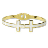 109873, MOTHER OF PEARL CROSS STAINLESS STEEL OPEN BANGLE BRACELET
