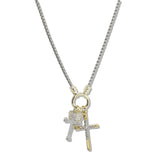 109898, 14K GOLD PLATED CROSS HEART PAVE CUBIC ZIRCONIA CHARM PENDANT NECKLACE