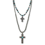 109909, WESTERN CROSS CHARM DOUBLE LAYERED BEADED NECKLACE