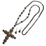 109926, CROSS PEARL RHINESTONE BEADED LONG PENDANT NECKLACE