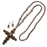 109926, CROSS PEARL RHINESTONE BEADED LONG PENDANT NECKLACE