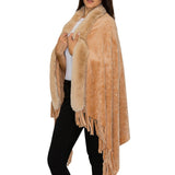 109937, BLING RHINESTONE SOFT FAUX FUR TRIM FRINGE PONCHO WRAP SHAWL