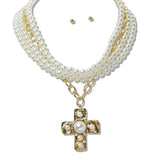 109950, PEARL ACCENT CROSS PENDANT LAYERED NECKLACE