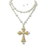 109951, PEARL DOUBLE LAYERED CROSS PENDANT NECKLACE
