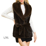 109976, BROWN LUXE SOFT FAUX FUR HOODED BELTED VEST