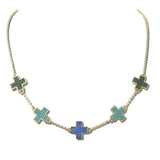 NW73020MU-3 10 · Leather Cross Station Necklace – Gold/Blue Multi