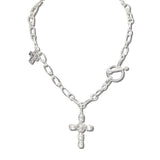 VN1440WS 10 · Sparkling Cross Charm Chain Necklace – Worn Silver