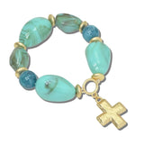 CB2427TQ 10 · Marbled Nugget Cross Stretch Bangle – Mat Gold/Turquoise