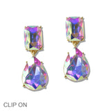 110015, RECTANGULAR TEARDROP RHINESTONE DANGLE CLIP ON EARRING