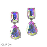 110015, RECTANGULAR TEARDROP RHINESTONE DANGLE CLIP ON EARRING