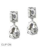 110015, RECTANGULAR TEARDROP RHINESTONE DANGLE CLIP ON EARRING