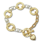 110027, TWO TONE HAMMERED ROUND ACCENT HEART TOGGLE METAL BRACELET