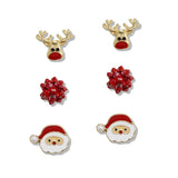 110033, 3 PAIRS CHRISTMAS REINDEER BOW SANTA STUD EARRING SET
