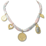 110036, TREE OF LIFE HEART CROSS COIN CHARM FLORAL SCARF NECKLACE