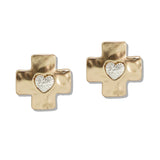 110040, HEART ACCENT HAMMERED CROSS STUD EARRING