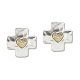 110040, HEART ACCENT HAMMERED CROSS STUD EARRING