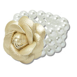 110050, FAUX LEATHER FLOWER WITH PEARL STRETCH BRACELET