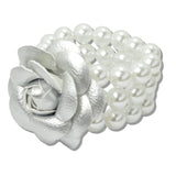 110050, FAUX LEATHER FLOWER WITH PEARL STRETCH BRACELET