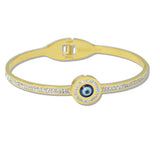 110102, EVIL EYE PAVE CRYSTAL ACCENT STAINLESS STEEL OPEN BANGLE BRACELET