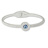 110102, EVIL EYE PAVE CRYSTAL ACCENT STAINLESS STEEL OPEN BANGLE BRACELET