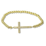 110189, PAVE SIDE CROSS STAINLESS STEEL BEADED STRETCH BRACELET