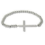 110189, PAVE SIDE CROSS STAINLESS STEEL BEADED STRETCH BRACELET