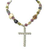 110205, MULTICOLOR GEMSTONE BEADED NECKLACE WITH CRYSTAL CROSS PENDANT