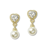 110210, 14K GOLD PLATED HEART CUBIC ZIRCONIA ACCENT PEARL DANGLE EARRING