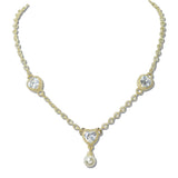 110211, 14K GOLD PLATED HEART CUBIC ZIRCONIA ACCENT PEARL NECKLACE