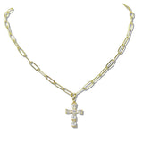 110224, CUBIC ZIRCONIA CROSS PENDANT STAINLESS STEEL PAPERCLIP CHAIN NECKLACE