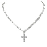 110224, CUBIC ZIRCONIA CROSS PENDANT STAINLESS STEEL PAPERCLIP CHAIN NECKLACE
