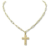 110225, PAVE CROSS PENDANT STAINLESS STEEL PAPERCLIP CHAIN NECKLACE
