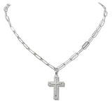 110225, PAVE CROSS PENDANT STAINLESS STEEL PAPERCLIP CHAIN NECKLACE