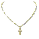 110226, MOTHER OF PEARL CROSS PENDANT STAINLESS STEEL PAPERCLIP CHAIN NECKLACE
