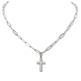 110226, MOTHER OF PEARL CROSS PENDANT STAINLESS STEEL PAPERCLIP CHAIN NECKLACE