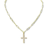 110228, PAVE CROSS PENDANT STAINLESS STEEL PAPERCLIP CHAIN NECKLACE